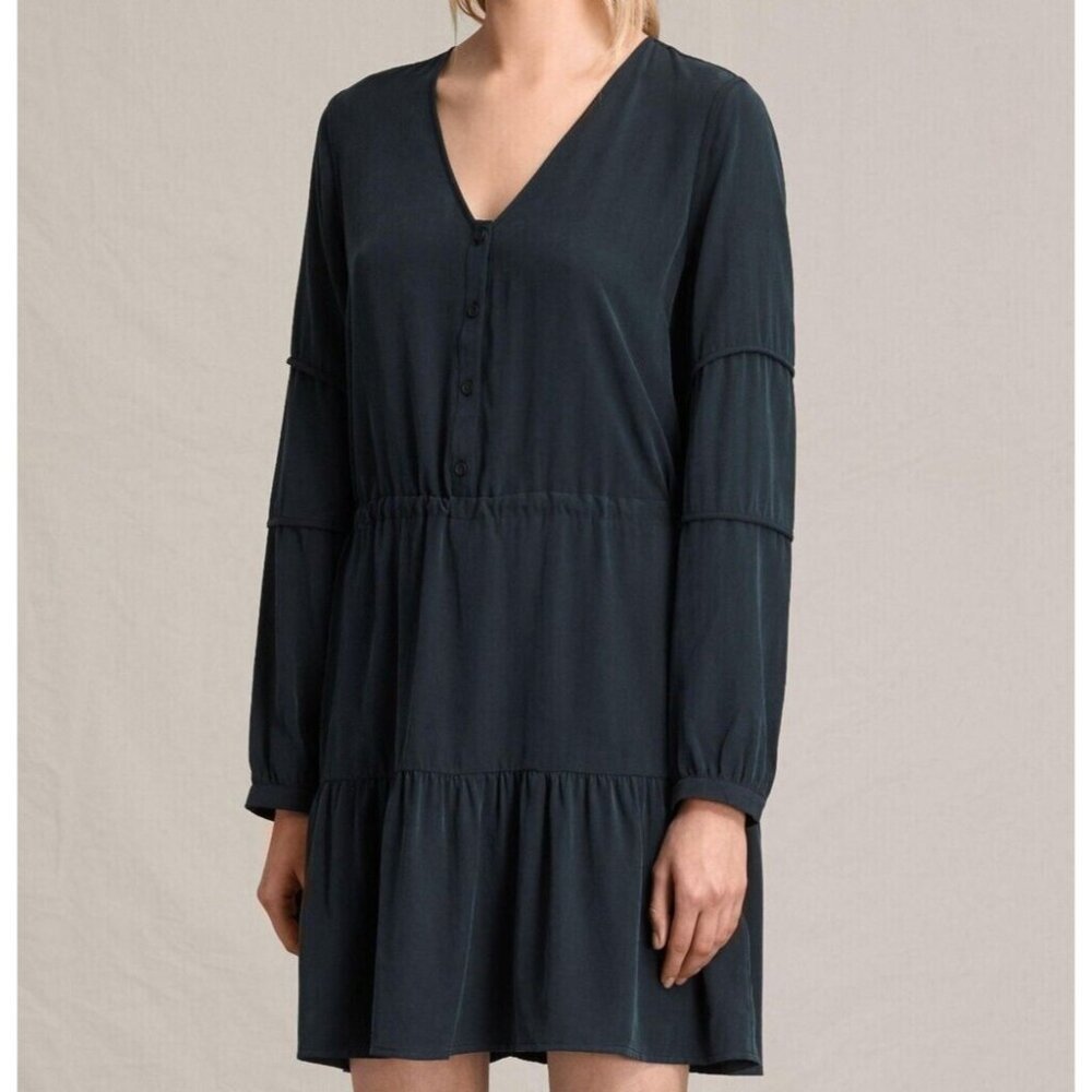 All Saints Nora Black Dress Ruffle Side Ties Women's Sz US 10
